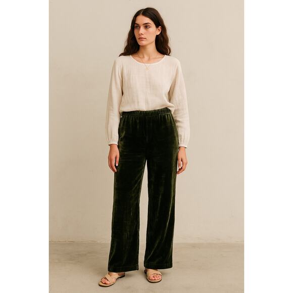 Anthropologie Womens XL Velvet Wide Leg Pants Green Elastic Waist Boho Holidays - Picture 1 of 13